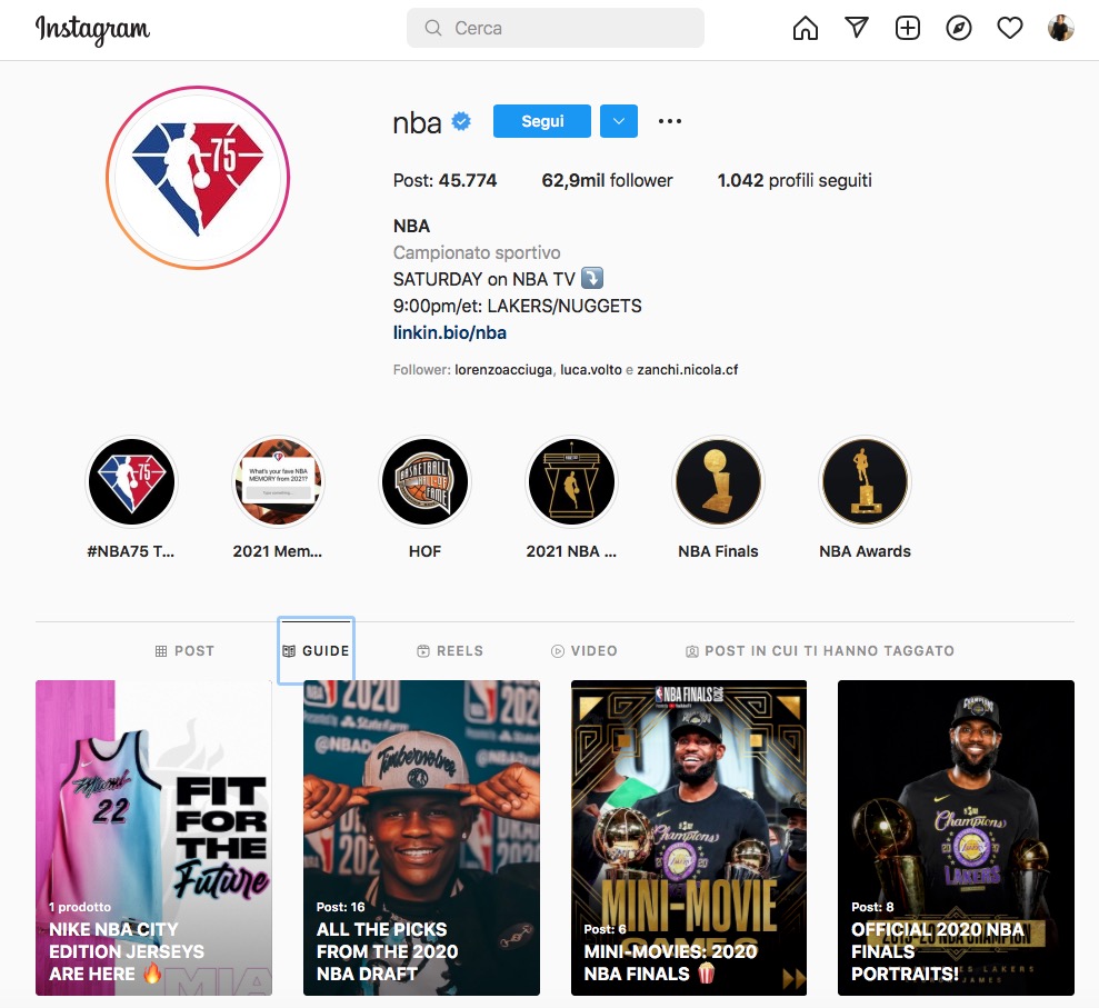 esempio di guide instagram dalla NBA che condivide notizie recenti