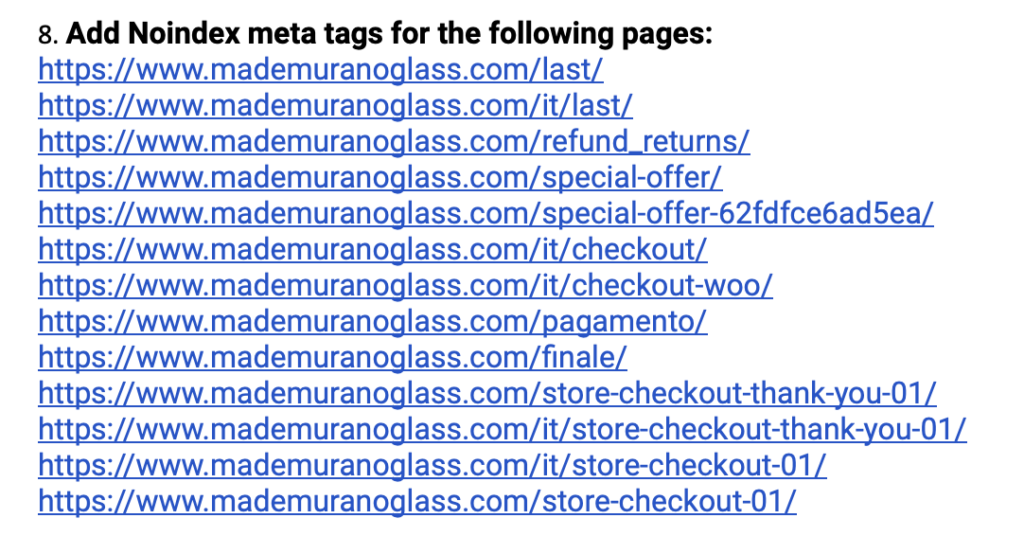 Add Noindex meta tags for the following pages