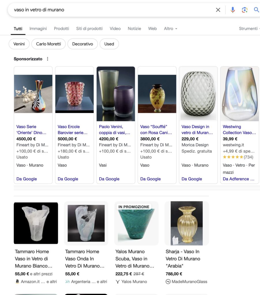 un esempio della ricerca per vaso in vetro di murano che mostra le immagini dei prodotti sponsorizzati e della ricerca shopping di google