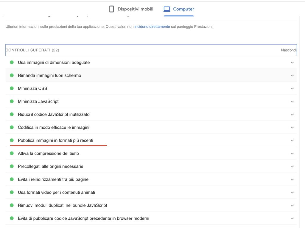 screenshot che mostra il test di google pagespeed insights riguardante il formato moderno delle immagini utilizzate